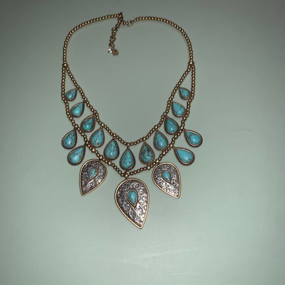 lucky brand gold tone turquoise two-row tear drop necklace - Picture 3 of 8